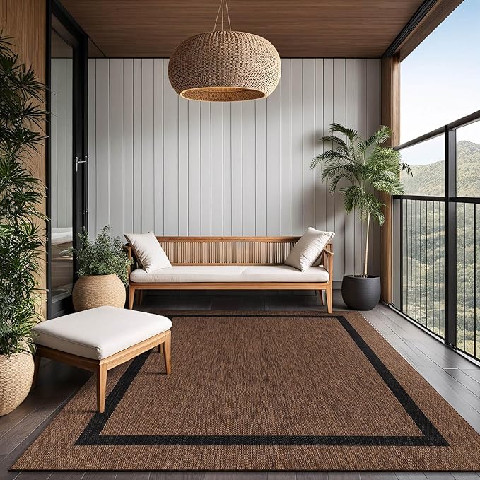 Bordered Outdoor Rug 5x7 Washable Outside Carpet for Indoor Patio Porch Waterproof Easy Cleaning Non Shedding Area Rugs Nut Brown - Black 5 x 7