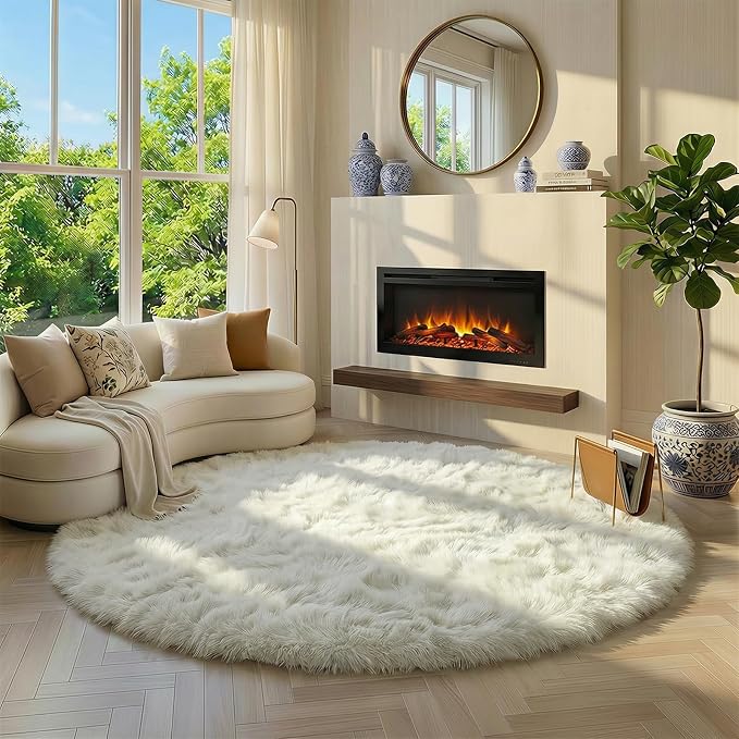 Amdrebio Ivory Cream White Round Area Rug 5Ft - Image 3