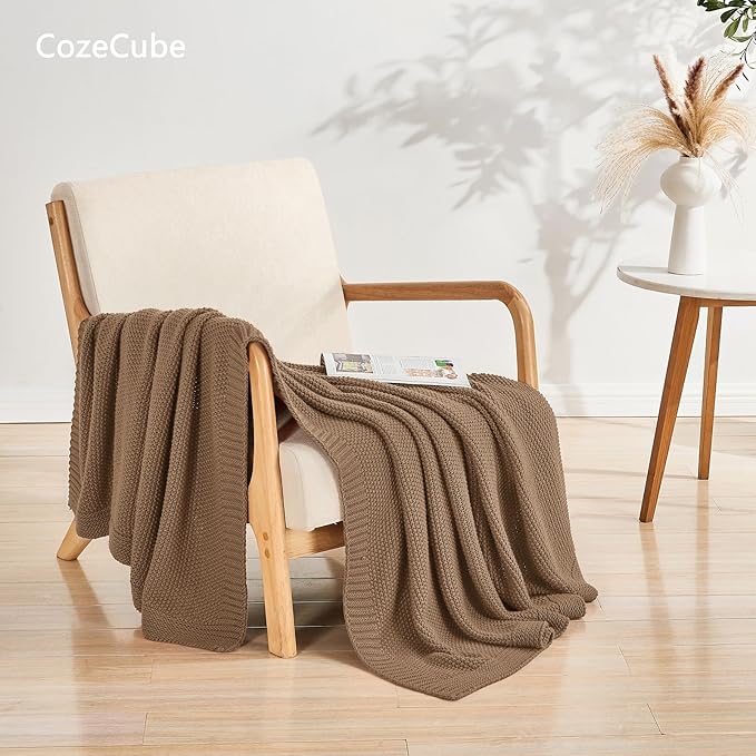 CozeCube Caramel Brown Seed Stitch Throw Blanket 60"x80", Farmhouse Decor | - Image 5