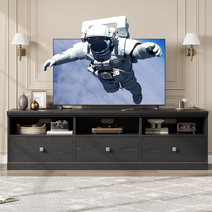 IDEALHOUSE 70in TV Stand for TVs up to 80", Mid Century Modern Entertainment Center with Storage Drawer and Open Shelves, TV Console Media Cabinet for Living Room, Bedroom, Black