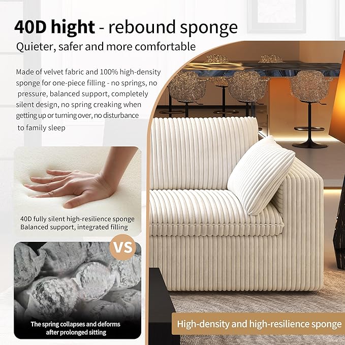 118" L Shaped Modern Sofa Modular Sectional Cloud Couch with Ottoman,Deep Seat Upholstered Couches with Plush Corduroy Fabric for Living Room Furniture,Bedroom and Apartment,No Assembly Required,White