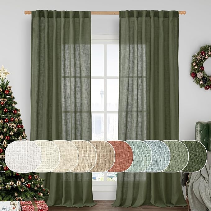 Linen Semi Sheer Curtains 96 inches Long 2 Panels Set, Olive Green | Light by LAMIT