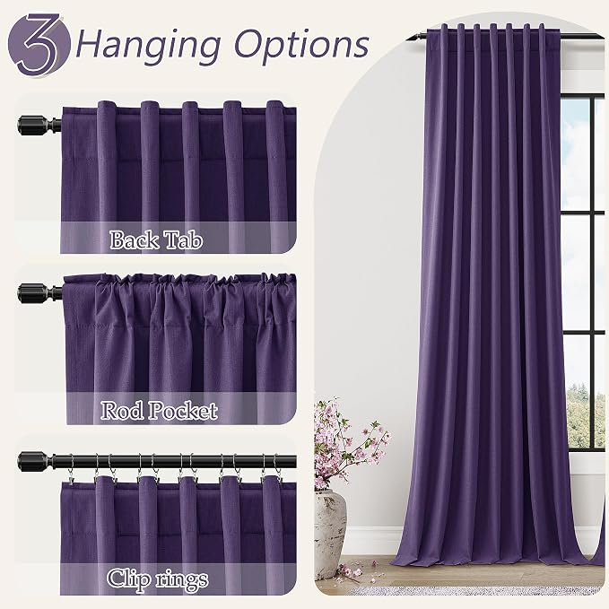Guken New Purple 100% Blackout Linen Curtains 96 Inch Length 2 Panels Set - Image 6