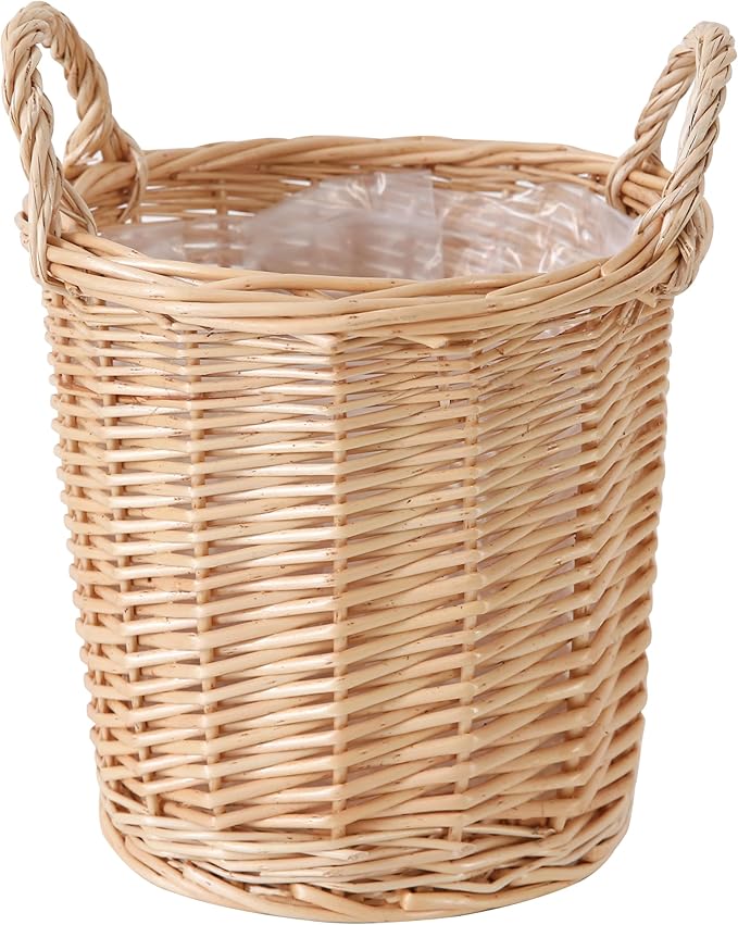Handwoven Wicker Planter Basket with Waterproof Liner – Natural Yellow Decorative Flower Pot Holder for Indoor Use - Small Size (Inner Top Ø 7", Inner Height 5.9")