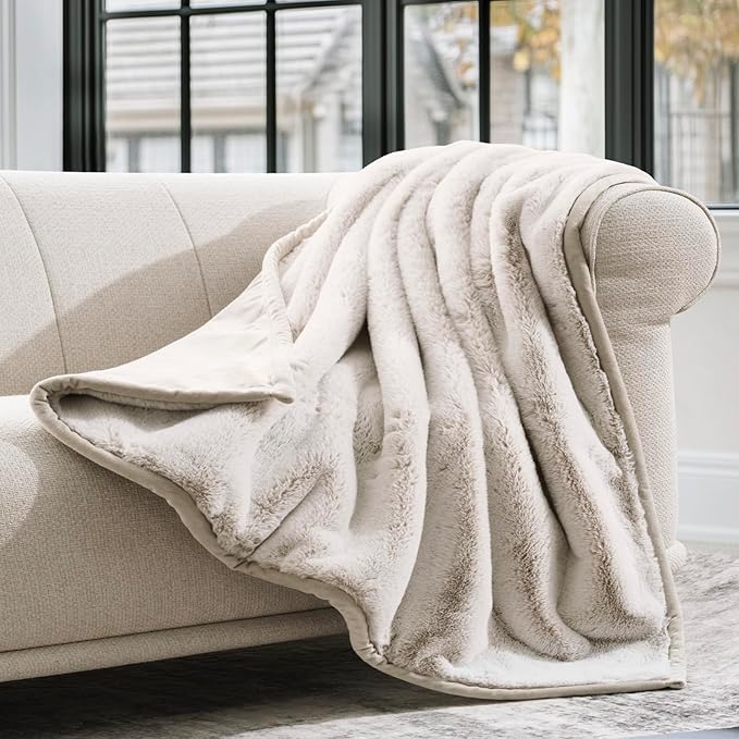 Ultra Soft Luxury Fluffy Mink Faux Fur Throw Blanket, Thick Warm Fall Winter Blankets for Bed, Couch, Cozy Plush Reversible Blanket for Chair, Sofa (Tipped Champagne Ivory, 60"x80")