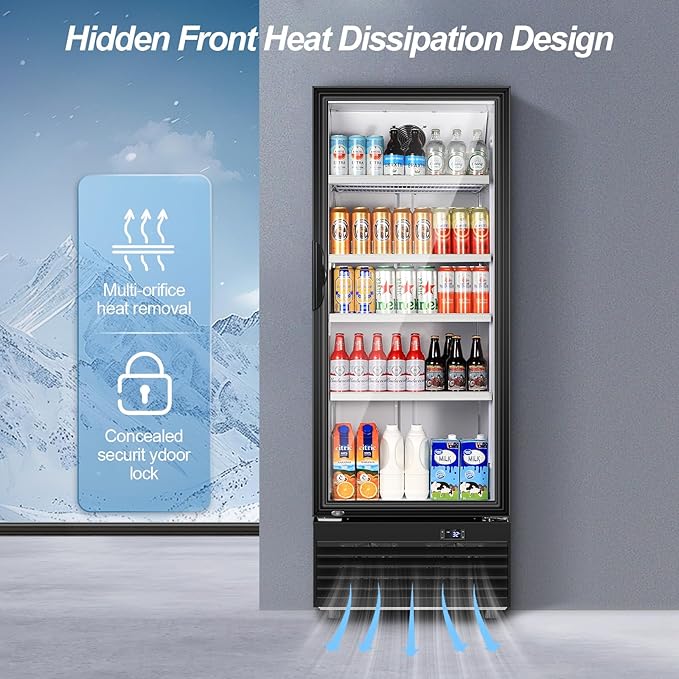 Tylza Commercial Refrigerator with Glass Door Display Beverage Fridge, 350L Upright Beverage Cooler Merchandiser with Rebound Door, Fast Cooling, Low Noise, Black