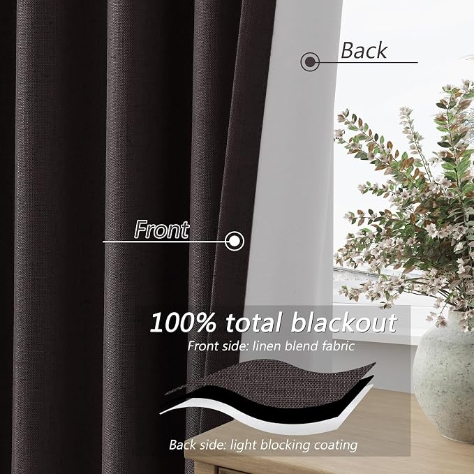 Cocoa Coffee 100% Blackout Linen Curtains 120 Inch Length 2 Panels Set - Image 4