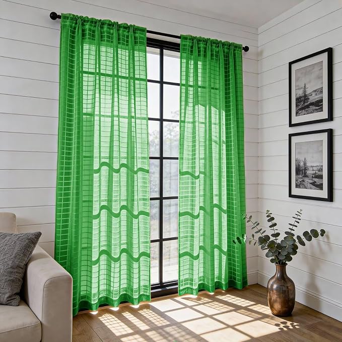 SpaceDresser Check Sheer Curtains 84 Inches 2 Panels Set, Rod Pocket Plaid - Image 4