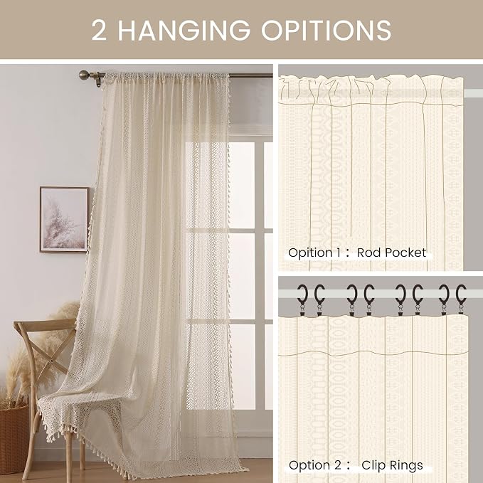 WAZZIO Boho Lace Curtains 102 Inch 2 Panel, Light Filtering Privacy Tassel & - Image 9