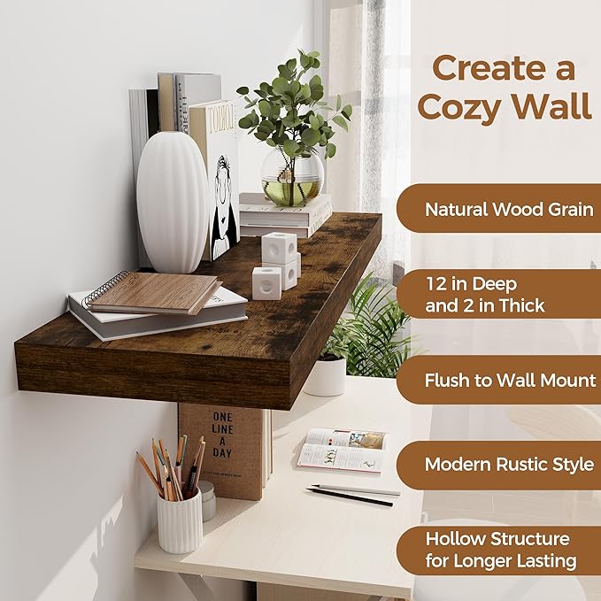 Floating Shelves 36 Inch Long, 12 Inch Deep Floating Shelves for Wall, 36 x 12 Shelves for Wall Storage & Display, 2" Thick Floating Shelf for Bathroom, Living Room, Rustic Brown Color, Set of 2