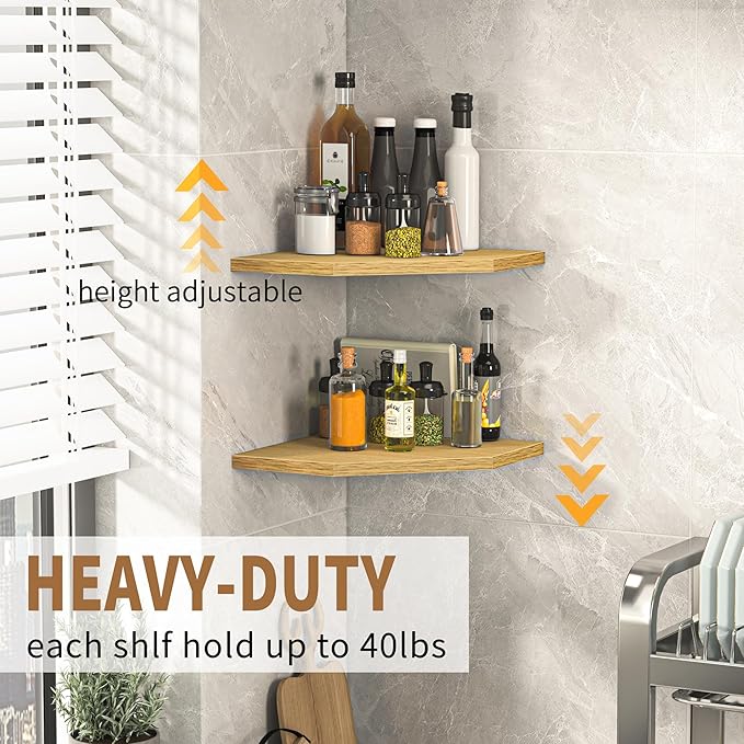Corner Shelf Wall Mount, Corner Floating Shelves, Set of 4 Corner Wall Shelf Organizer, Rustic Wood Wall Storage Display Shelves for Living Room Bedroom Bathroom Kitchen, Oak