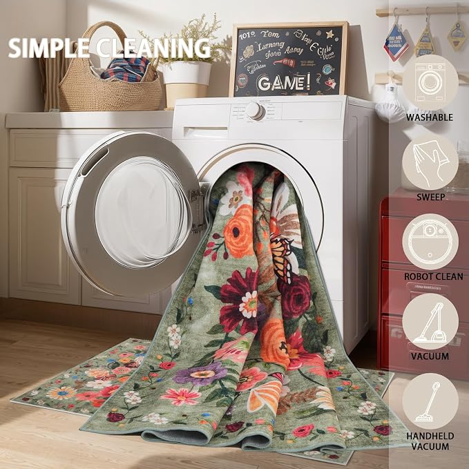 Green Area Rugs 10x14 Living Room, Non Slip Machine Washable Floral Rugs - Image 4