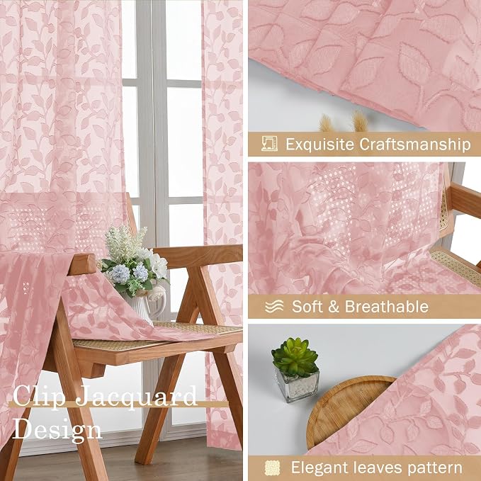 Chyhomenyc Blush Pink Sheer Curtains 24 Inch Length, Light Filtering Leaf - Image 6
