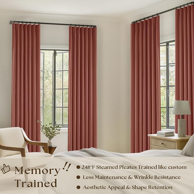Terracotta Pinch Pleat 100% Blackout Linen Bedroom Curtains 96 Inch Length | - Image 2