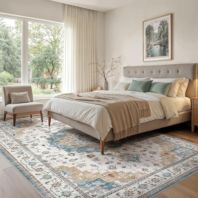 Washable Area Rugs for Living Room - 5x7 Neutral Vintage Distressed Floral Farmhouse Boho Large Soft Floor Rug Indoor Non Slip Carpet for Living Room Bedroom Dining Room Office - Blue/Yellow/Beige