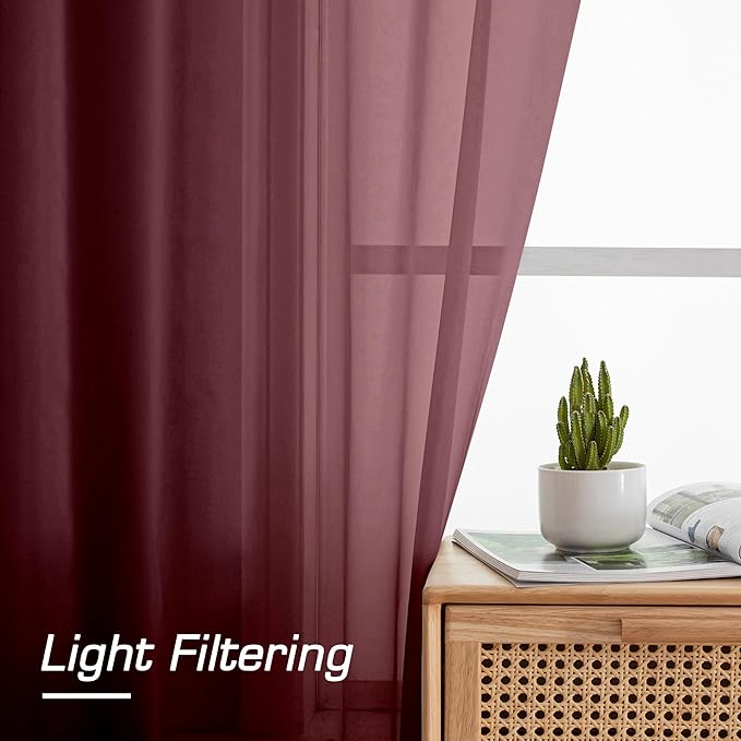 Simplebrand Red Sheer Curtains 63 Inch Length 2 Panels, Rod Pocket Solid Color - Image 3