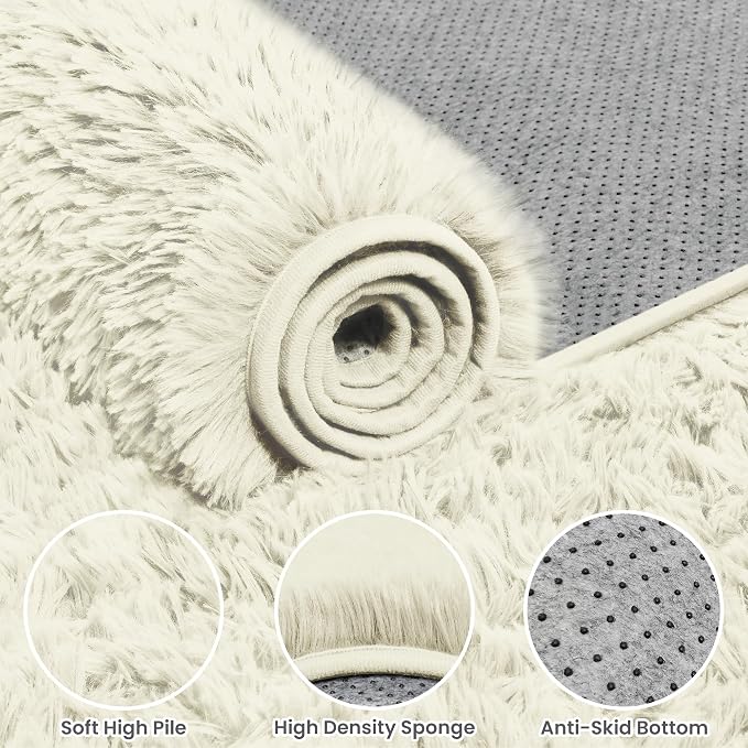 4x6 Fluffy Shag Area Rugs for Living Room Bedroom: Soft Carpet Cream White | - Image 6