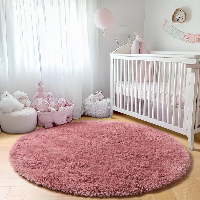Blush Round Area Rugs 4ft for Bedroom Living Room, Fluffy Circle Rug for Kids - Image 9