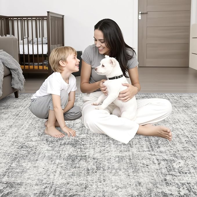 2.6x10 Washable Runner Rug:Modern Abstract Soft Carpet Black Grey | - Image 2