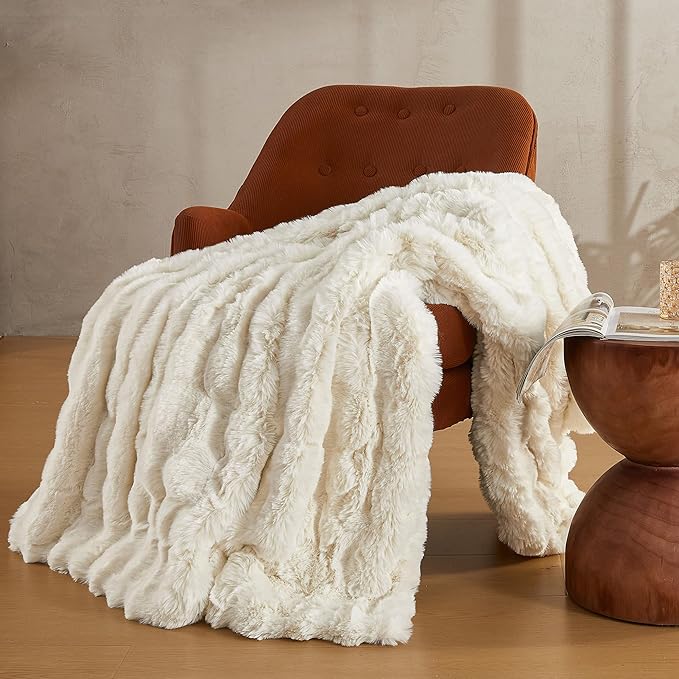 JELLYMONI Faux Fur Throw Blanket, White Fuzzy Cozy Plush Bubble Bed Blanket, Thick and Warm King (108" x 90")