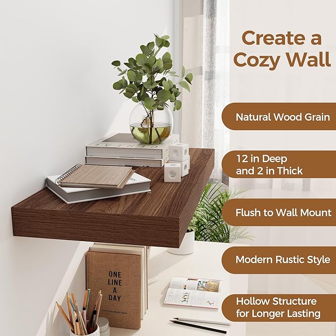 12 Inch Deep Floating Shelves, 24 x 12 Floating Shelf for Books, Rustic Wood Deep Wall Shelves for Home Storage & Display, 2" Thicked Shelves for Kitchen, Living Room, Bedroom, Walnut Color, 2 Pack