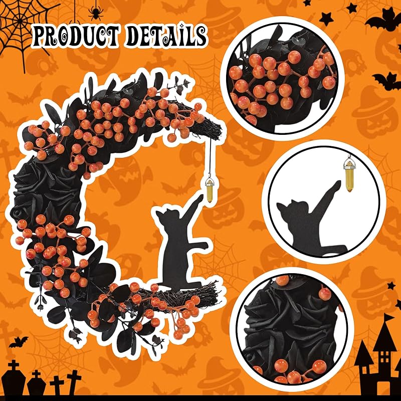 Halloween Wreaths for Front Door with Light, Black Cat Crescent Moon Wreath, Cute Cat Garland Halloween Door Decorations for Outdoor Indoor Decor Wall Window Home Party