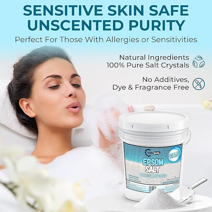 Epsom Salt Bath Soak 45 lb Bucket – Unscented, Pure Epsom Salt Bulk Crystals, Magnesium Sulfate for Full Body or Foot Soaks, Resealable Container with Scoop for Home Bath Use