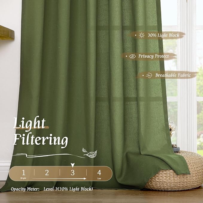 LAMIT Olive Green Linen Curtains 48 Inch - Image 4