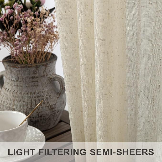 Pitalk Birch Beige Semi Sheer Linen Window Curtains 63 Inch Length 2 Panels - Image 4