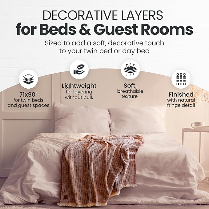 Gold Case Throw Blanket for Bed – 100% Recycled Turkish Cotton Bed Blanket – Decorative Throw Cotton Blankets for Living Room & Bedroom – Woven Twin Blankets – Vintage Beige – 71x90
