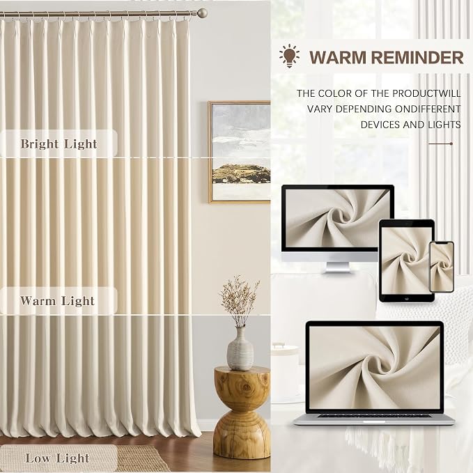 Cream Black Out Pleated Curtains 102 Inch Long, Elegant Luxury Soft Polyester - Image 7