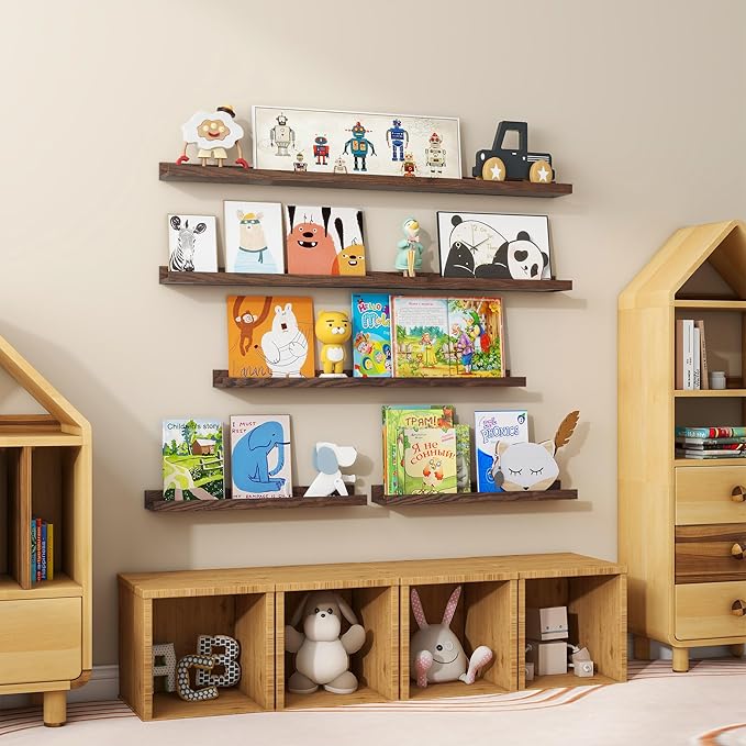 Floating Picture Ledge Shelves 36 Inch Solid Oak Wood Set of 2, Rustic Wall Storage Shelves with Lip, Kids Bookshelf, Photo & Picture Ledge Shelves for Bedroom, Living Room, Kitchen
