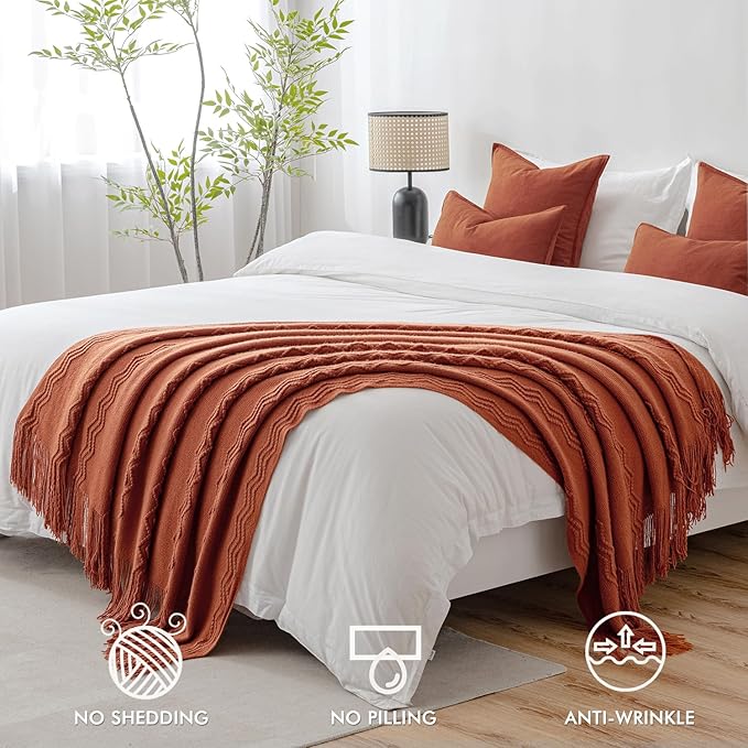 MIULEE Fall Rust Knitted Throw Blanket for Couch Terracotta Boho Textured Cozy Woven Rustic Blanket with Tassels for Sofa Chair Bed Living Room Farmhouse Decor Acrylic Wave Pattern 50"x60"