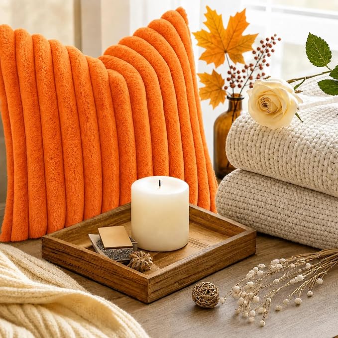 decorUhome Fall Faux Fur Throw Pillow Covers 16x16 Set of 2 Orange | Decorative - Image 9