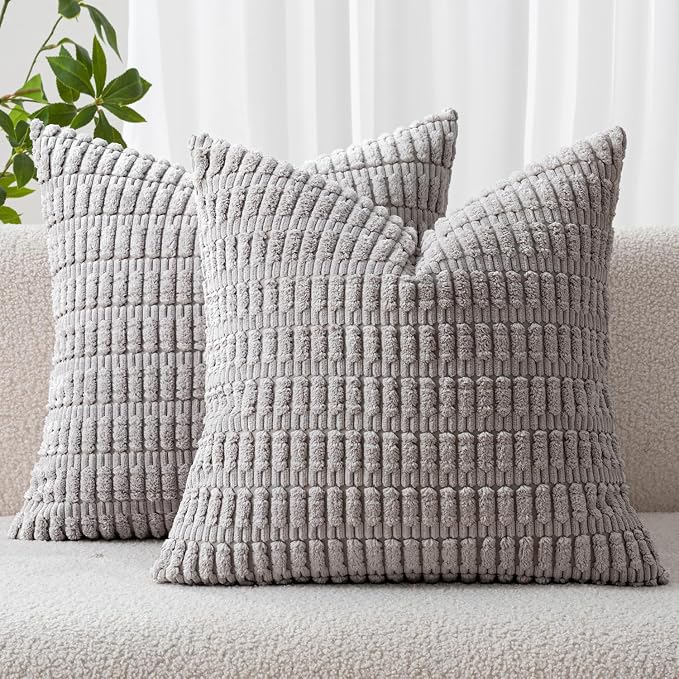 MIULEE Corduroy Decorative Throw Pillow Covers 18x18 Light Grey Pack of 2 | by MIULEE