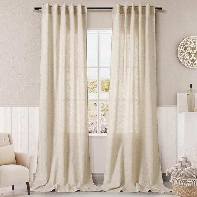 Extra Long Curtain 38x108 inches Long 2 Panels Set Back Tab Beige Linen Drapes by Nanspring