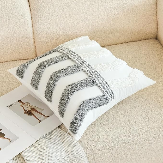 HOdo Home 18x18 Throw Pillow Covers, 2PCS Tufted Boho Jacquard Pillow Covers,Farmhouse Decorative Pillow Cover,Pillow Cases for Couch Sofa Bed Stylish Decor, Simple Textured Cushion Sham