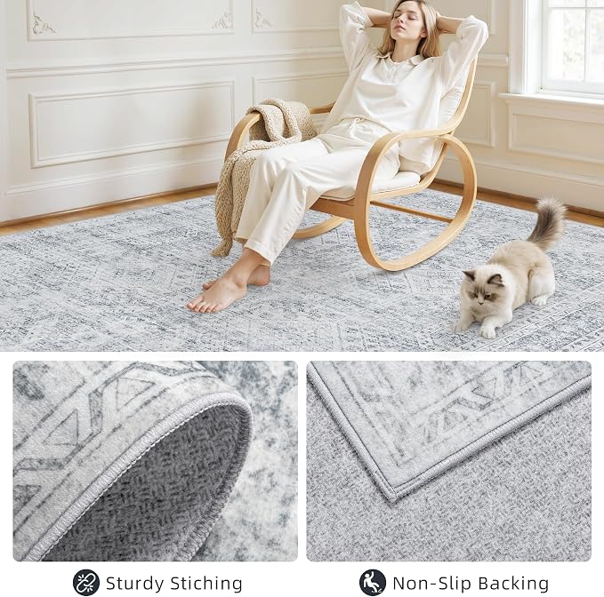 4x6 Area Rugs Living Room: Bedroom Neutral Washable Carpet Gray | Vintage Boho - Image 4