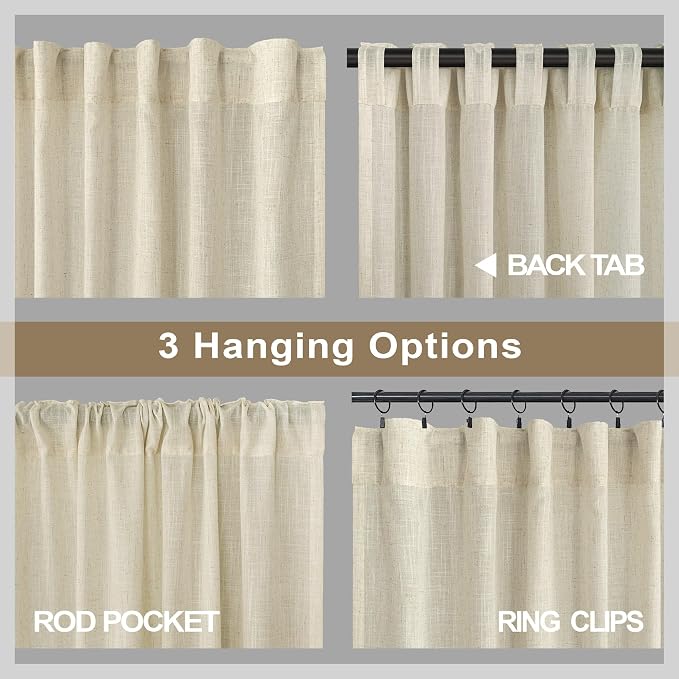 Oatmeal Beige Linen Curtains 92 Inch Length 2 Panels Back Tab Semi Sheer Light - Image 5