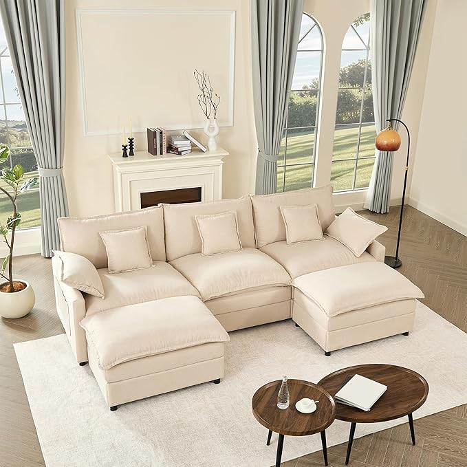 108" U Shaped Couch, Modular Sectional Sofa, 3-Seater Comfy Cloud Couch with Movable Ottoman, Deep Seat Couches for Living Room, Linen, Beige