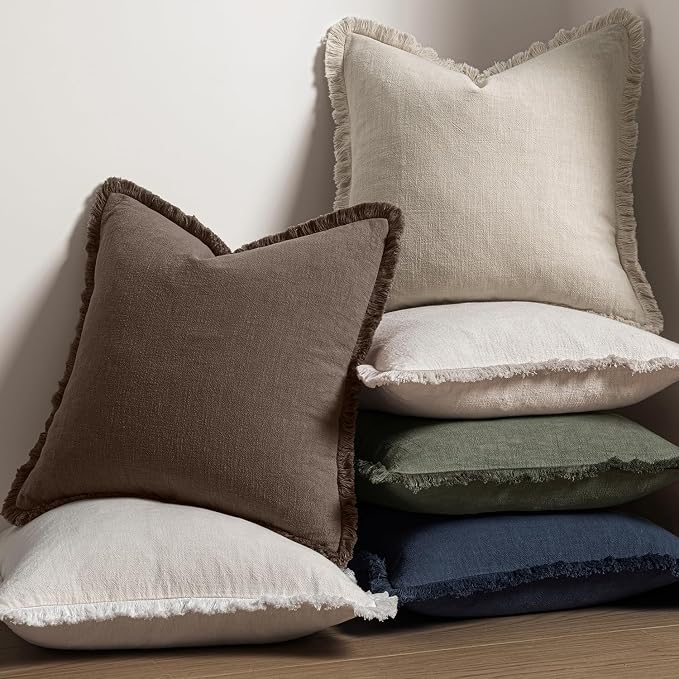 MIULEE Linen Fringe Decorative Fall Euro Pillow Covers Reddish Brown 22x22 | - Image 5