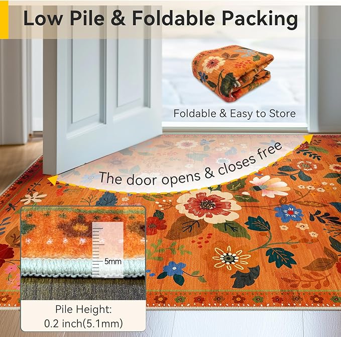 RELEANY Floral Washable 4x6 Area Rugs BurntOrange | Flower Carpet Print Boho - Image 5