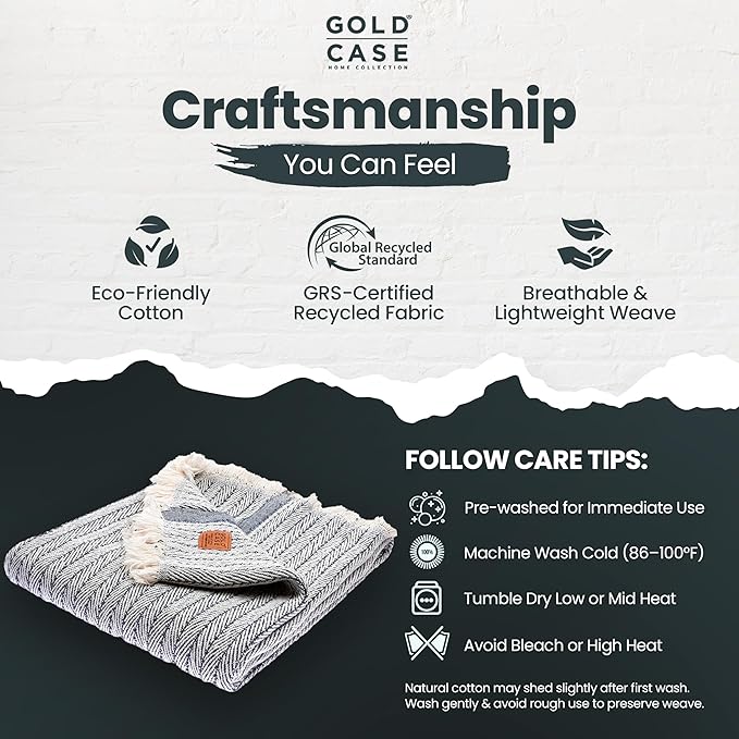 Gold Case Throw Blanket for Couch – 100% Recycled Turkish Cotton Blankets & Throws – Elegant Decorative Throw Blankets for Living Room Sofa – Woven Throws for Couch – Vintage Navy Blue – 50x60