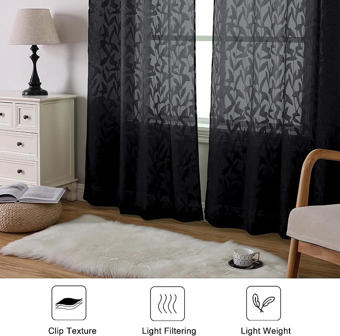 Lecloud Leia Black Sheer Curtains 90 Inches Long 2 Panels, Airy Leaf Textured - Image 8