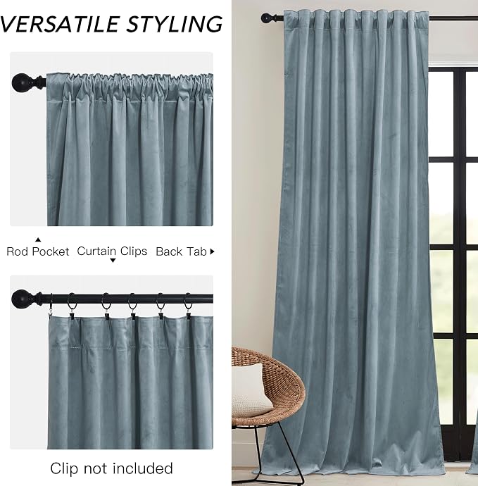 RYB HOME Stone Blue Velvet Curtains 90 inches Long - Image 3