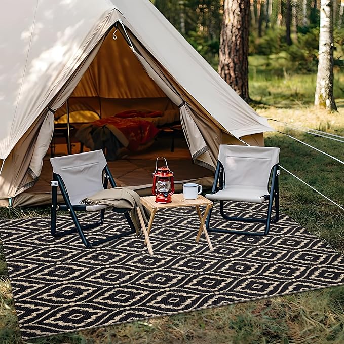 OLANLY Outdoor Rug 5x8 ft Waterproof, Outdoor Plastic Straw Rug with Geometric Pattern Clearance, Reversible RV Mat for Patio, Camping, Balcony, Deck, Backyard, Black & Beige