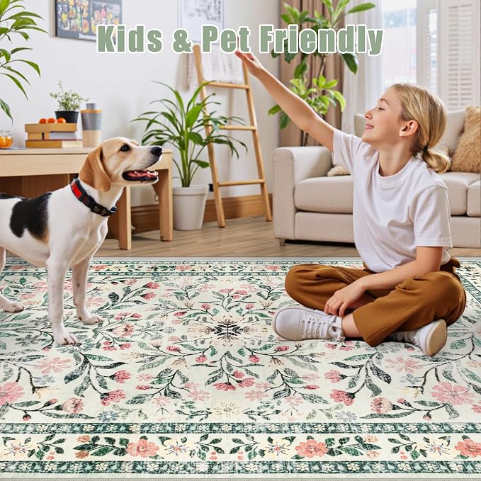 PLHXFR 2.6x10 Washable Runner Rug：Floral Indoor Kitchen Carpet Green Beige | - Image 6