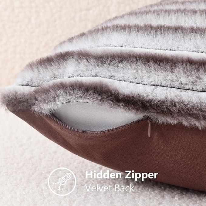 decorUhome Fall Faux Fur Throw Pillow Covers 22x22 Set of 2 Brown White | - Image 8