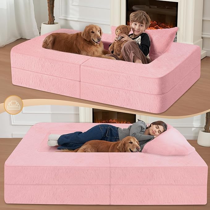 Folding Bean Bag Chair for Adults,3-in-1 Bean Bag Couch Faux Fur Floor Sofa Large Beanbag Convertible Bean Bag Sofa Bed with Pillow in Bedroom,Living Room,Apartment(Twin,Pink)