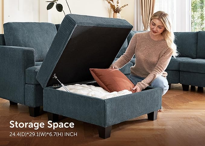 Nolany Sectional Sofa with Storage Ottoman, Corduroy Modular Sectional Couch, U Shape Sectional Couches for Living Room, Blue